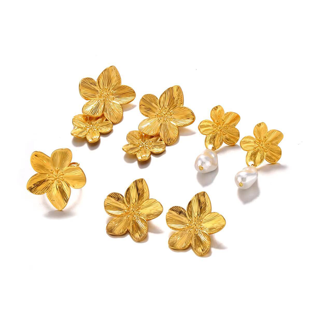 Stainless Exaggerated for Women French Style Pearl Titanium Steel Small Flower Earrings