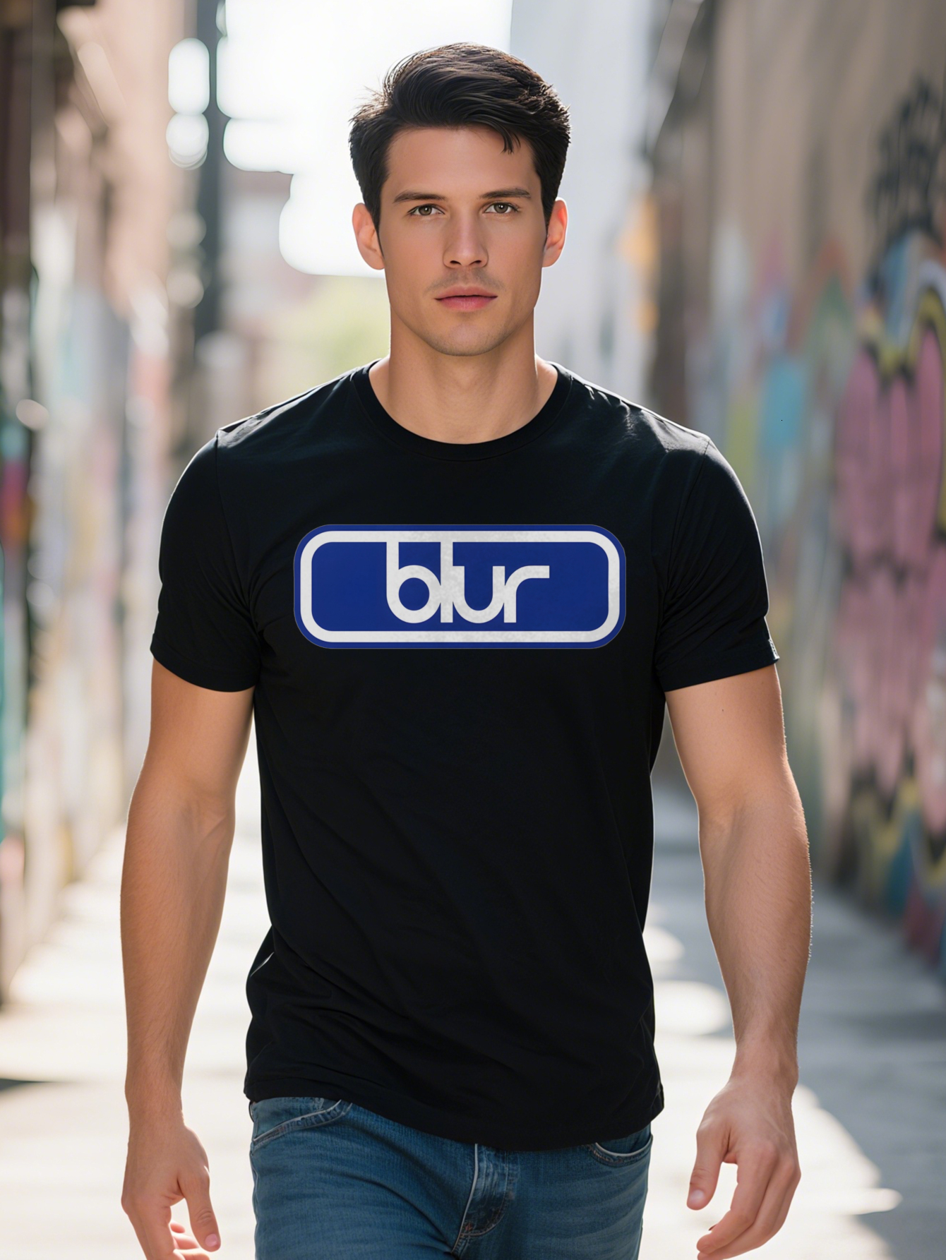 Graphic T Black with Blue Blur Text Design Lightweight Summer Tee for Everyday Formal Wear Ideal Men's Gift