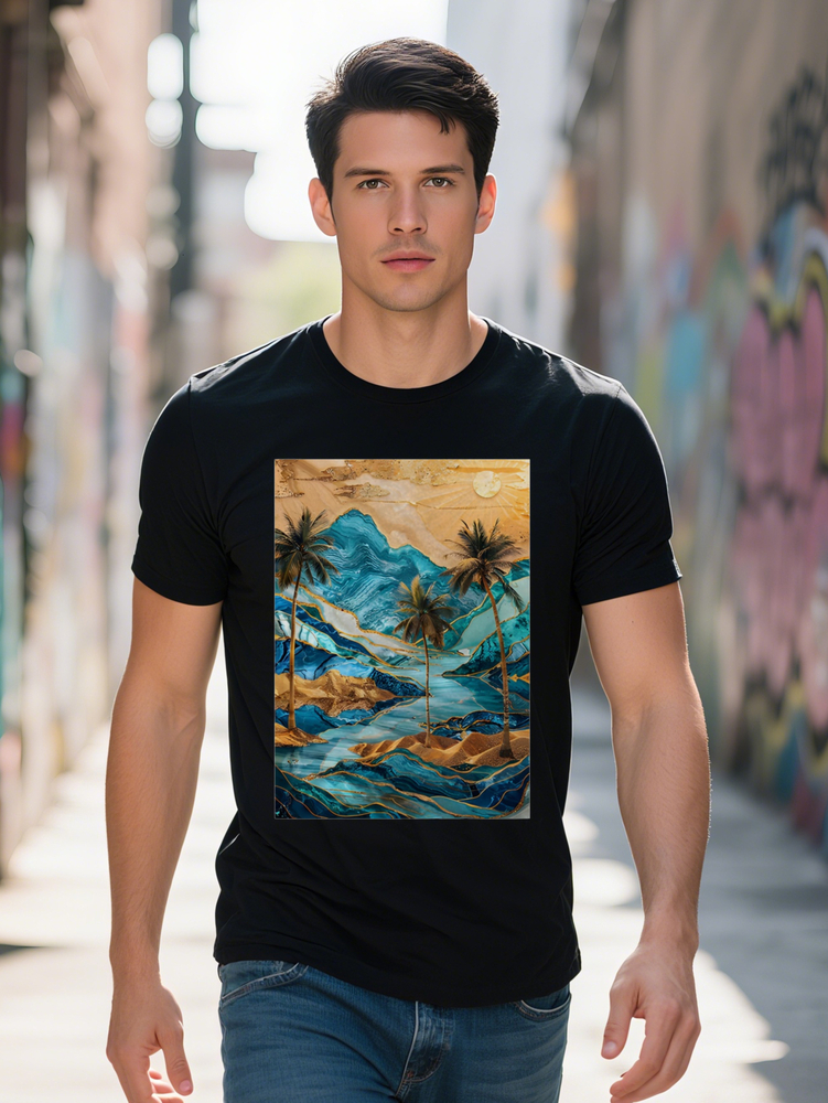 Men S Casual Palm Tree Mountain Graphic T-Shirt Vibrant Blue Orange Landscape Print Round Neck Lightweight