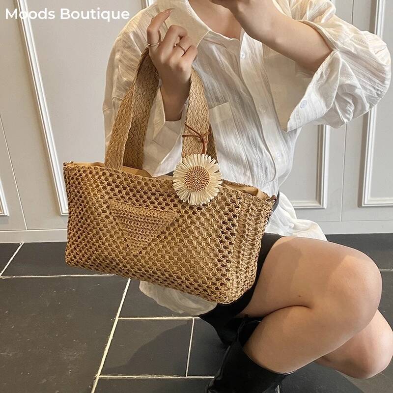MOODS Summer Beach Straw Top-handle Bags For Women Handmade Woven Design Shoulder Crossbody Satchel Bag With Flower Pendant high-quality