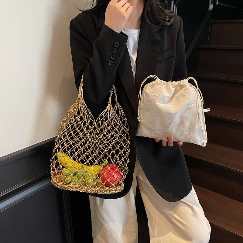 Shiny Korean INS Gold and Silver Thread Holiday Hollow Crochet Woven Personality Beach Handheld Basket Bag for Women