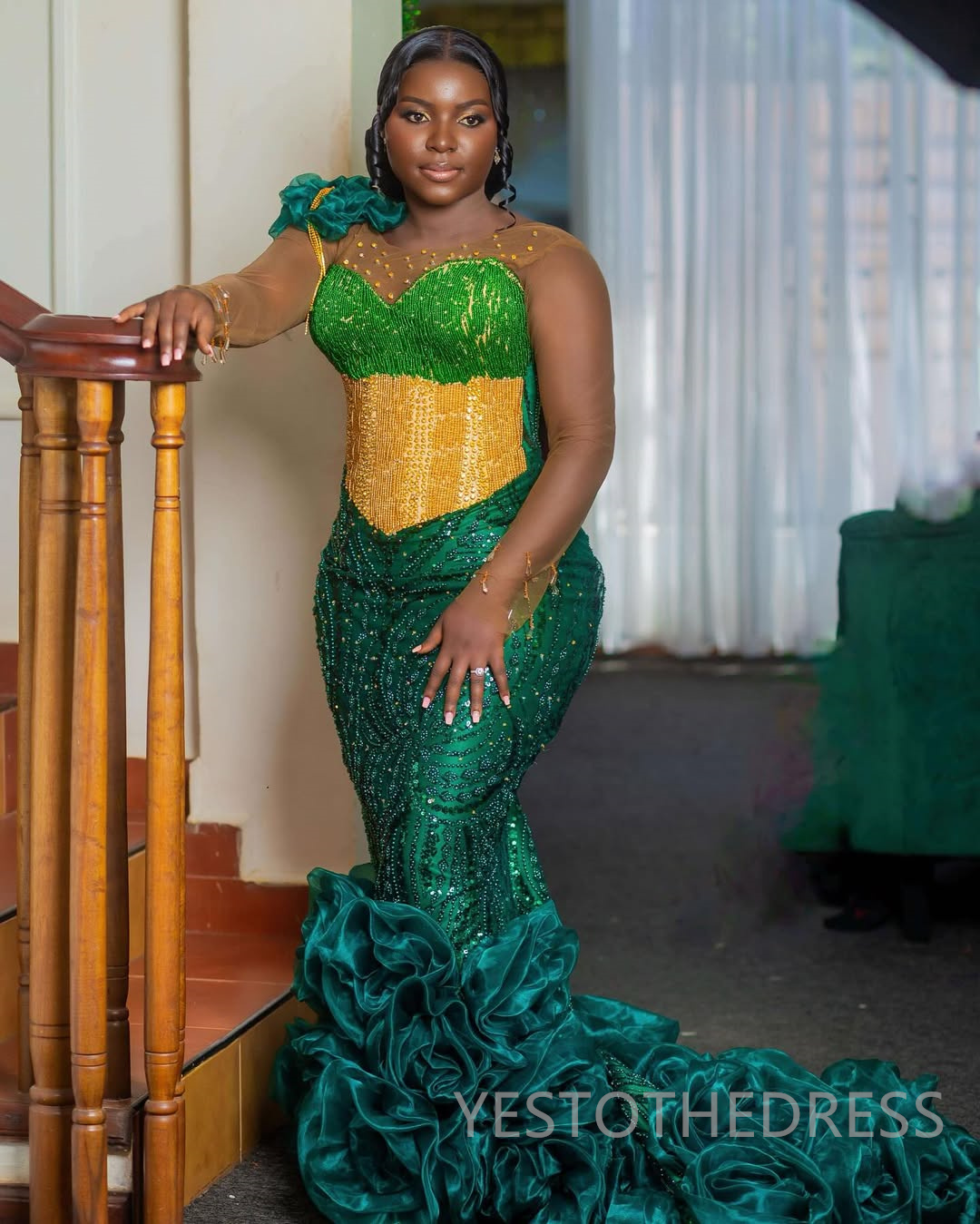 2025 Mermaid Plus Size Green Prom Dresses For Black Women Aso Ebi Illusion Sheer Neck Long Sleeves Appliqued Lace Beaded Birthday Dress Second Recepti