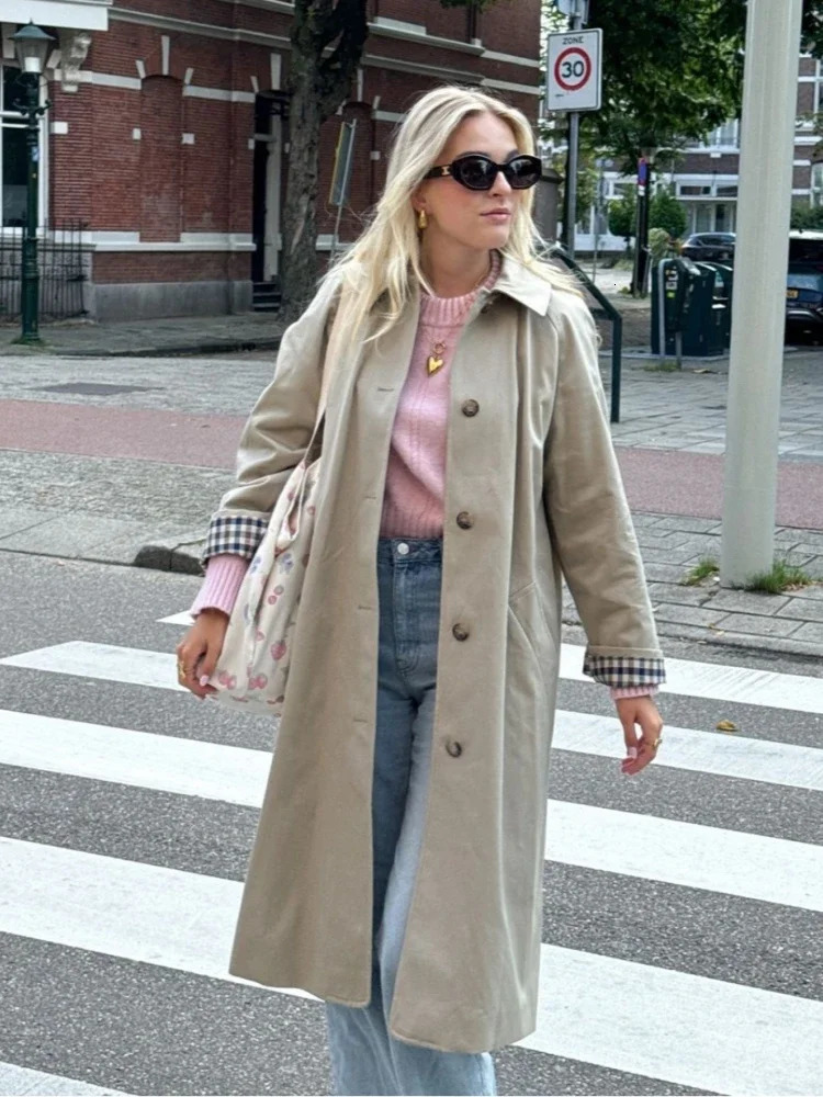 Women Casual Khaki Plaid Lined Lapel Long Coats 2024 Fashion Single Breasted Jacket with Pocket Female Chic High Street Overcoat 250805