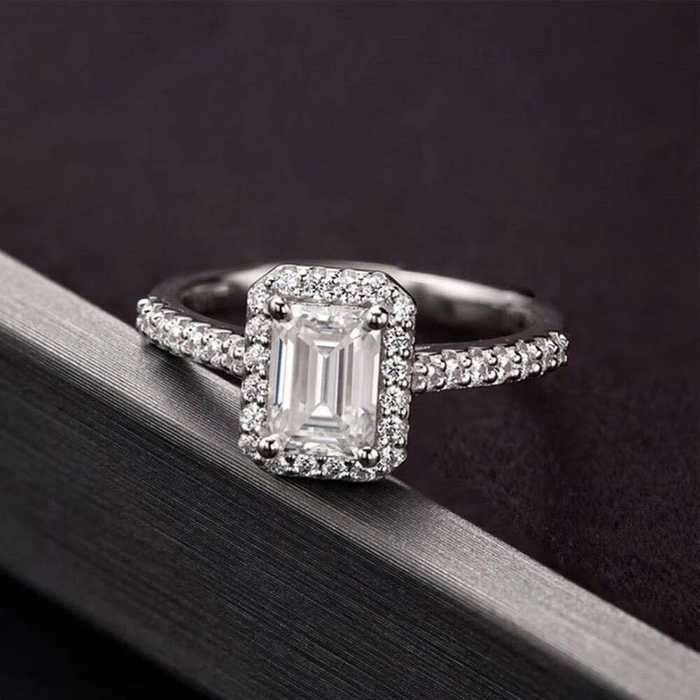 1/2CT Emerald Cut Moissanite Engagement Ring for Women 925 Silver D Color Halo Diamond Rings Wedding Band with Certificates