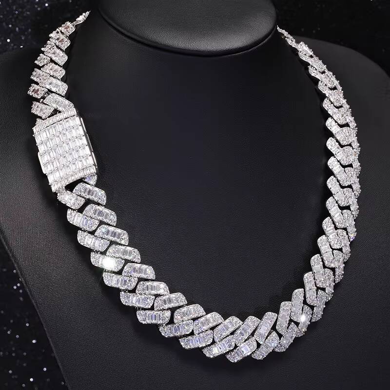 Hip Hop Fine Jewelry 925 Sterling Silver Baguette GRA Moissanite Diamond Cuban Chain Necklace for Rapper Men