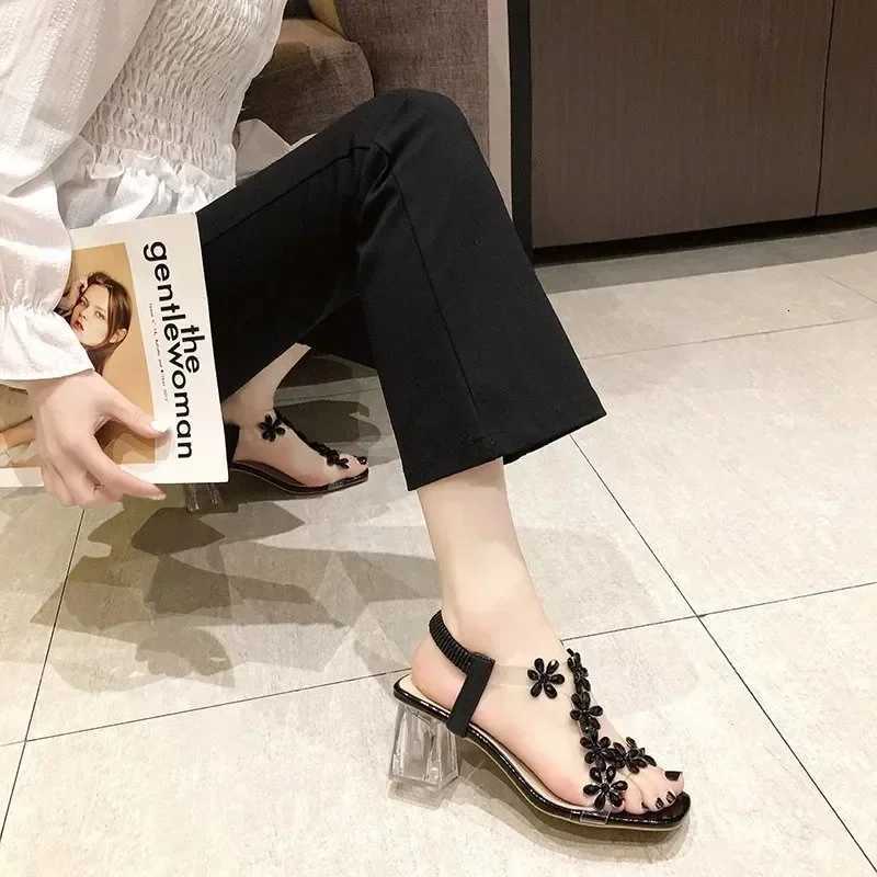 2025 Summer Fashion Womens Elegant High Heels Sandals PVC Crystal Flower Chunky Heel Peep Toe Back Strap Elastic Shoes Zapatos W250814
