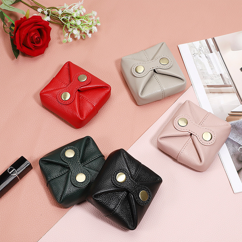 Genuine Leather Coin Purse Women Mini Small Square with Four-Button Closure for Coins, Lipstick, Earphones, Data Cable, Anti-Lost Storage Bag