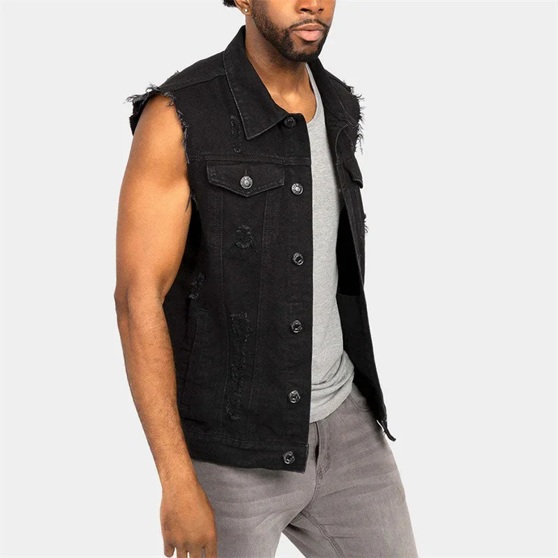 Western Cowboy Style Broken Holes Denim Vest Male Casual Lapel Cardigan Jeans Waistcoats Men Sleeveless Raw Cut Edge Jacket 250805