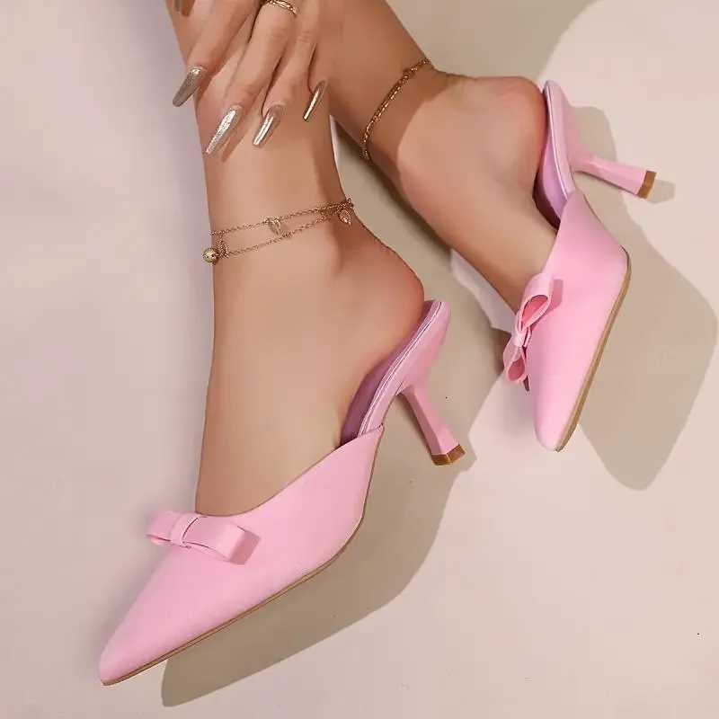 Pointed Toe Pink Bowtie High Heels Mules Shoes Woman Slip On Thin Heeled Princess Pumps Women Sweet Summer 2025 Sandals Mujer W250814