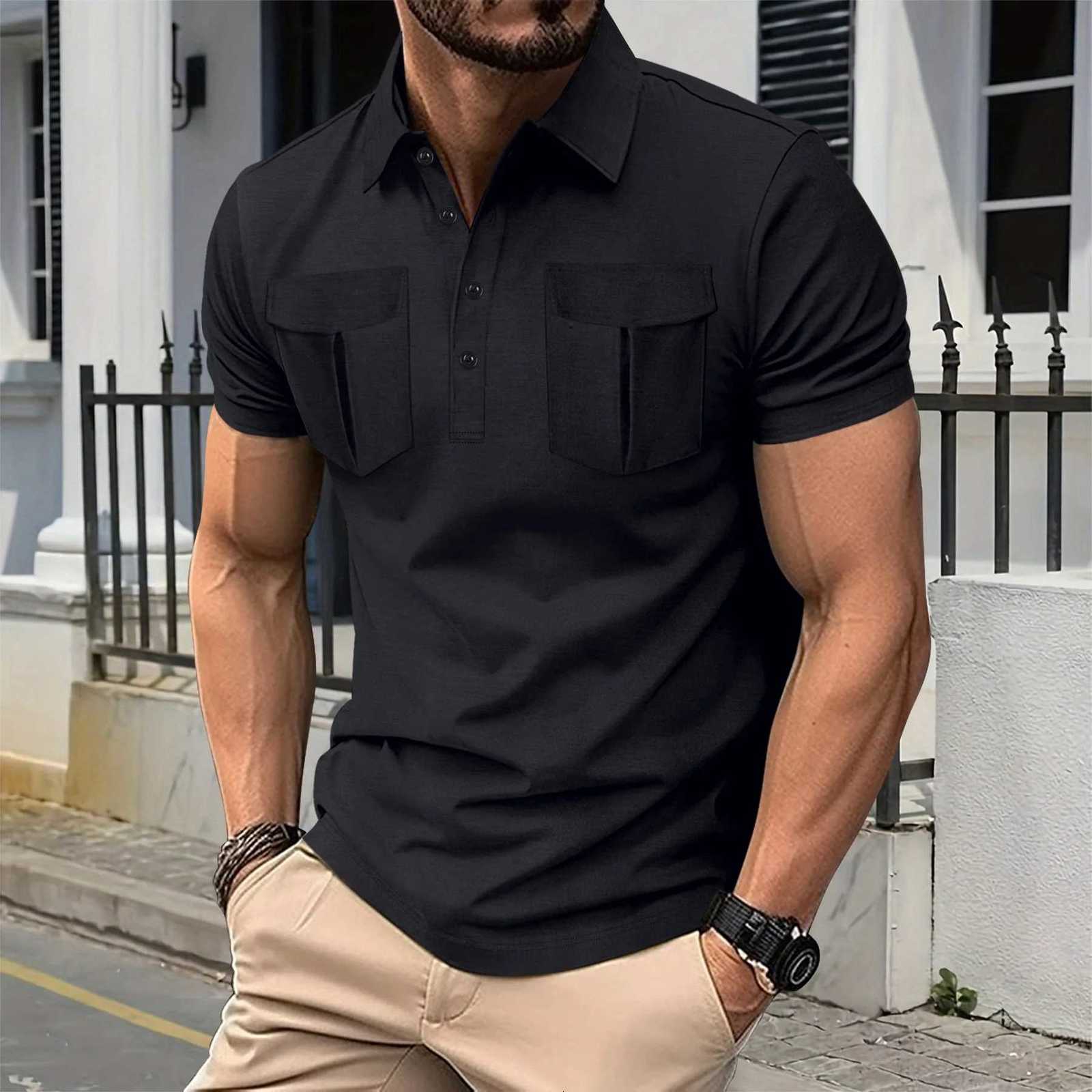 Best-selling Mens Simple New Long Front Button Lapel Double Pockets Solid Color Short-sleeved Mens Casual Polo Shirt XJ250804