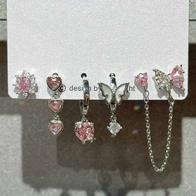 6PCS Set Goth Red Crystal Star Heart Black Pentagram Pendant Earring For Women Vintage Aesthetic Trendy Y2K Jewelry Accessories 250812