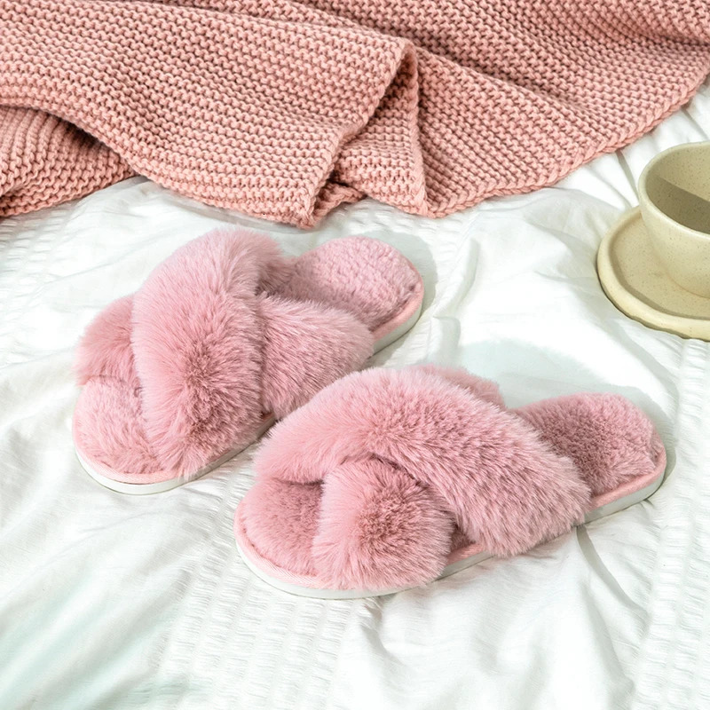 Feslishoet Women Fuzzy Slippers Cross Band Soft Plush Cozy House Shoes Furry Open Toe Indoor Outdoor Slip Warm Anti Skid Sole 250814