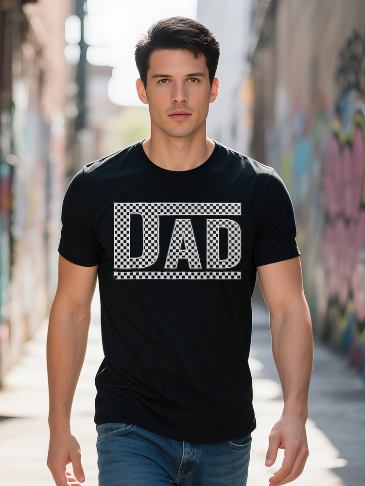Men's T-Shirt with Bold DAD Print Black White Checkered Design Lightweight Tee Perfect Gift for Dad Summer Casual
