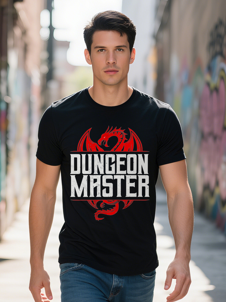 Men s Casual Crew Neck T Shirt with DUNGEON MASTER Red Dragon Print Ideal Gift for Gamers
