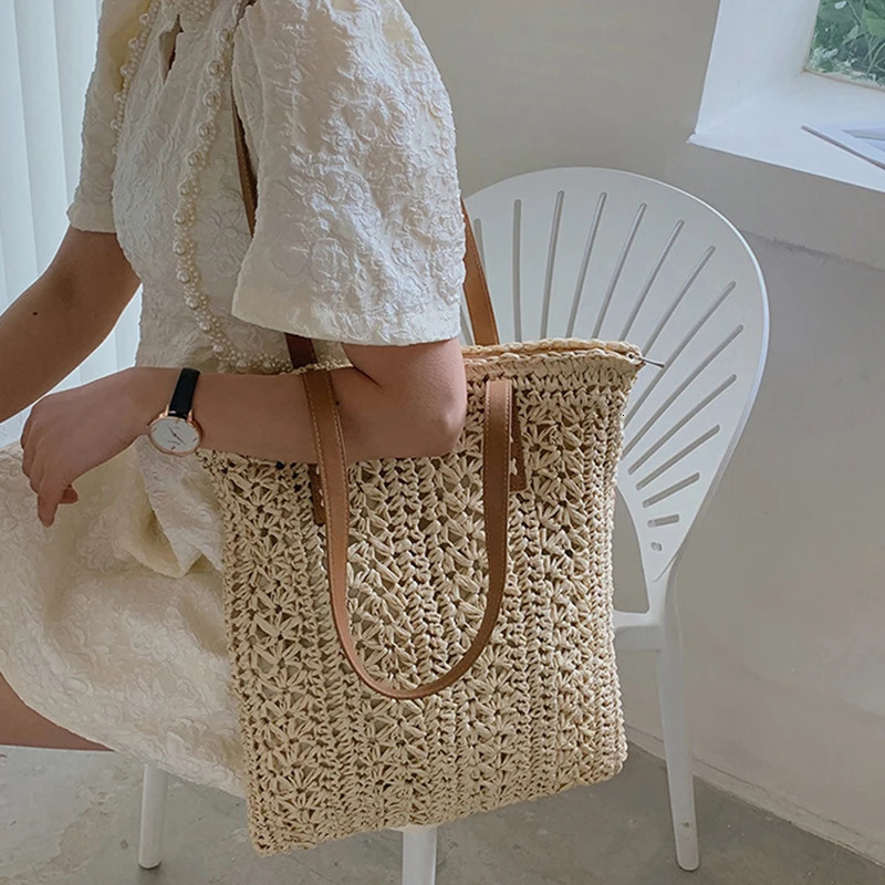 Square Hollow Straw Beach Bag Handmade Woven Shoulder Bag Raffia Rattan Shopping Travel Bag Bohemian Summer Vacation Casual Tote250813