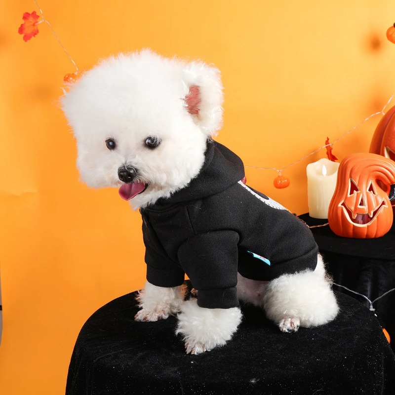 Skull Halloween Pet Sweater Clothes Dog Cat Black Thickened Funny White Skull Embroidered Button Hooded Jacket