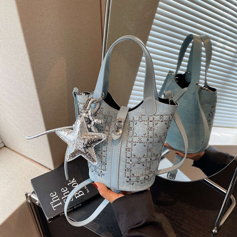 Bucket Niche Denim for Women Korean Style Rhinestone Sequin Versatile Handbag with Inlaid Diamonds Commuter Shoulder Bag