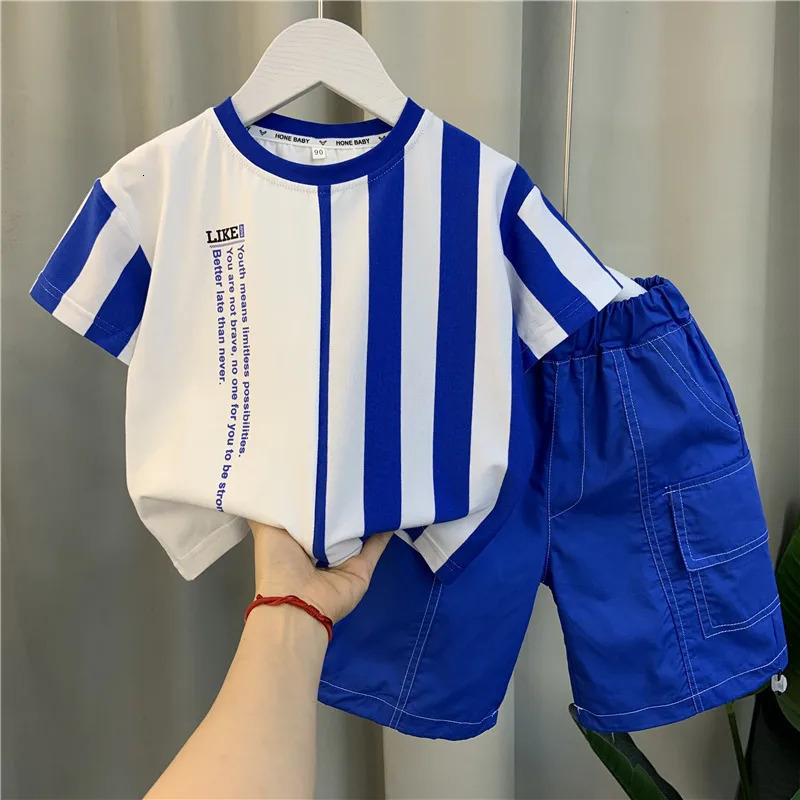 UNITIM Summer Childrens Boys 2PCS Clothing Set Casual Striped Short Sleeve Top Solid Shorts Toddler Baby Boys Outfits 250813