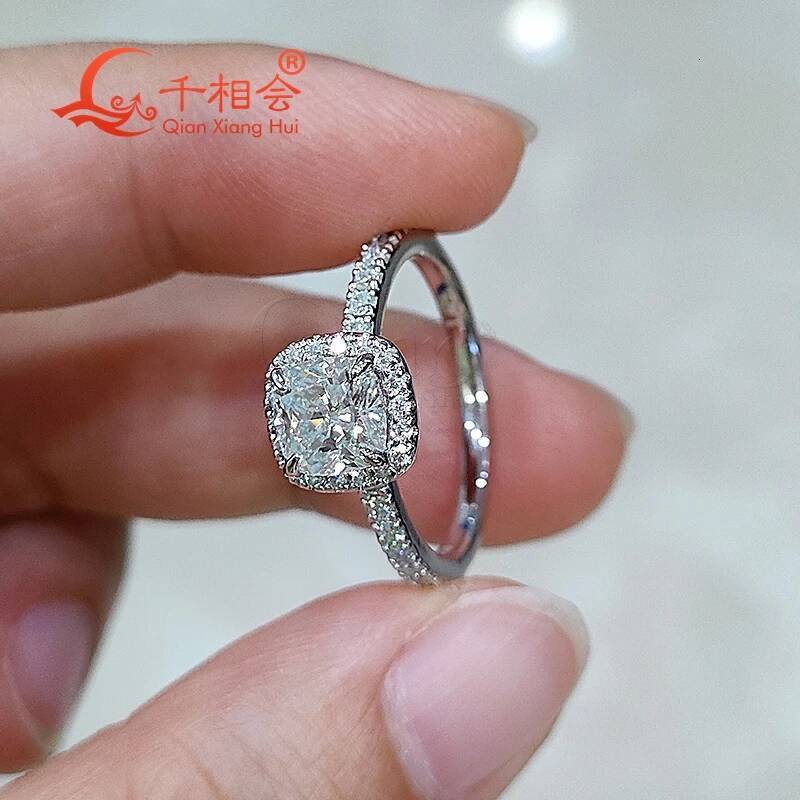 6mm Cushion Halo Ring Women round Half Eternity Band D White VVS Moissanite 925 Sterling Silver Jewelry for Engagement