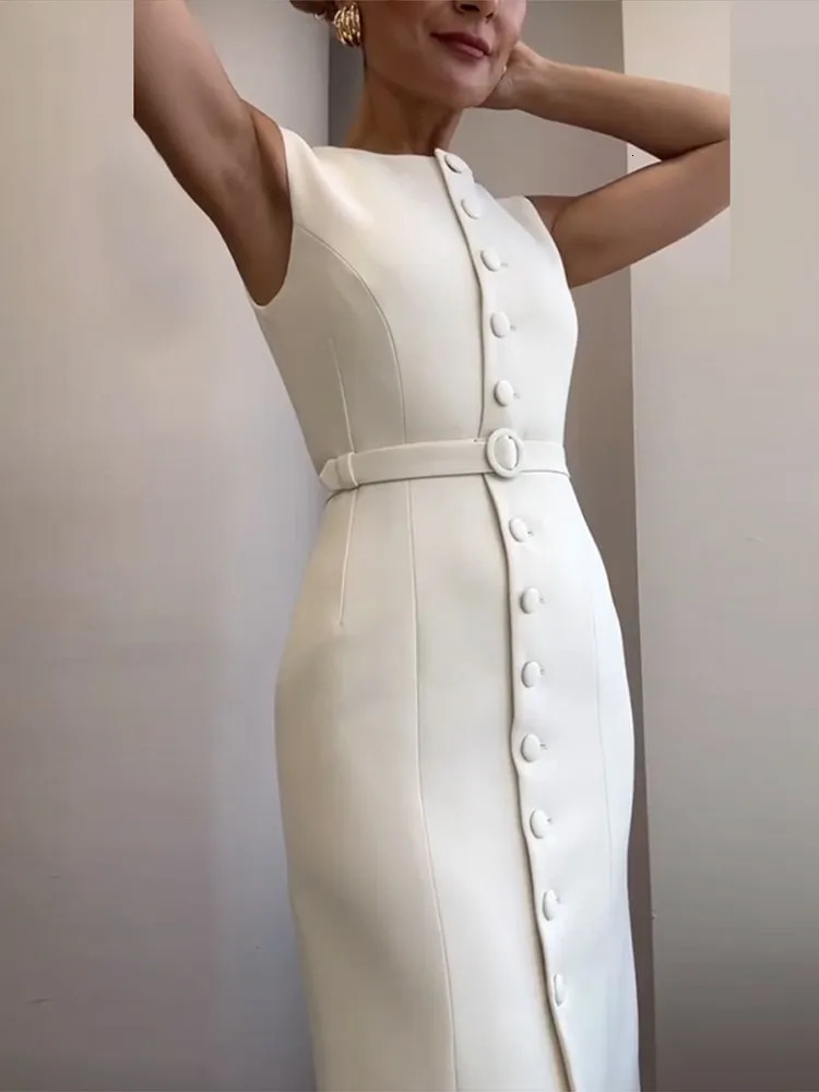 Suit Sleeveless Lace Up Midi Dress Women Elegant O-neck Single Breasted Slim Fit Party Evening Dresses Fashion Office Lady Robes 250813