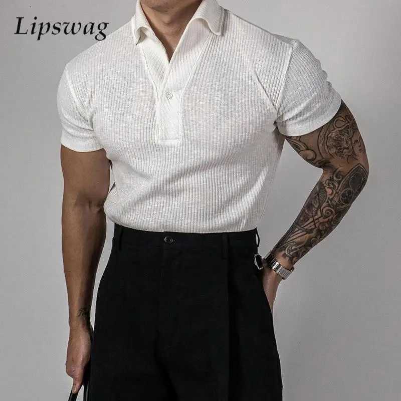 Trendy Ribbed Polo Shirts For Men Sports Fitness Muscle Short Sleeve Slim Stretch Tops Casual Pure Color Lapel Polo Mens T Shirt XJ250804