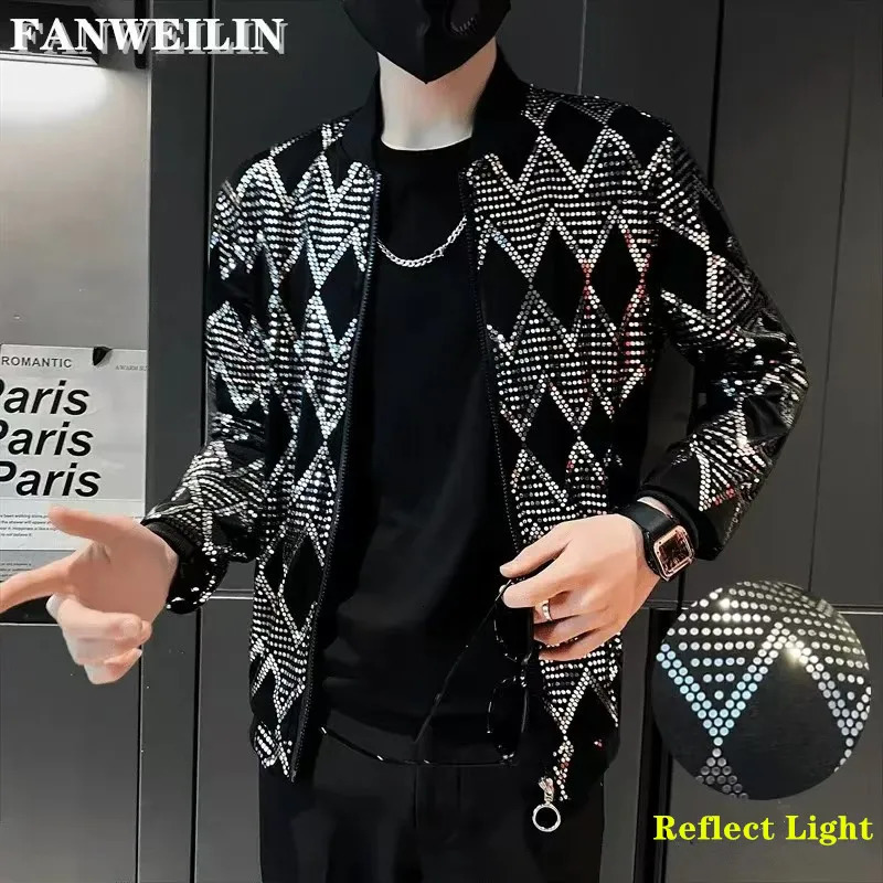 Jas Mens Diamond Plaid Jackets Men Hip Hop Y2K Bombers Jacket Night Club Stage Streetwear Thin Coat Clothing Veste Homme 250811