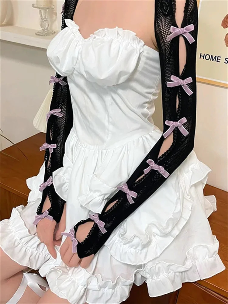 Women Lace Shrug Open Front Crop Tops Bow Fishnet Arm Sleeves with Finger Hole Retro Gothic Kawaii Lolota Y2K Aesthetic Gloves 250813