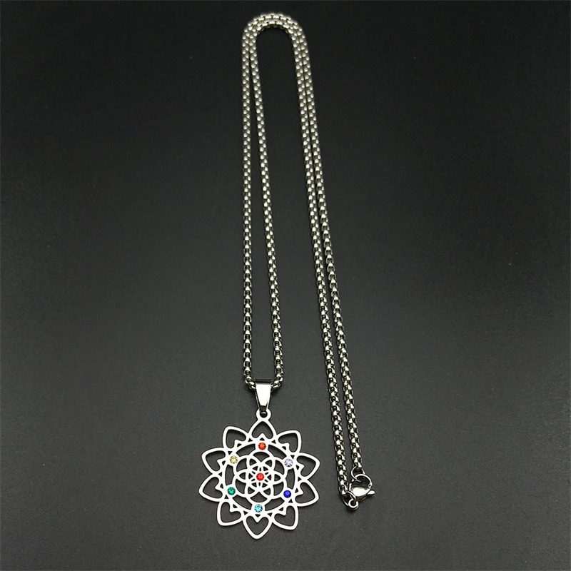 7 Chakra Sacred Geometry Metatron Heart Necklace For Women Flower Of Life Love Stainless Steel Silver Color Chain Jewelry Gifts 250812