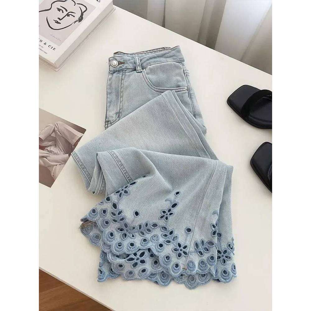 2025 Summer Loose Hollow Embroidered Rhinestone Jeans Women High Waist Straight Denim Pants Y2K Casual Streetwear Look