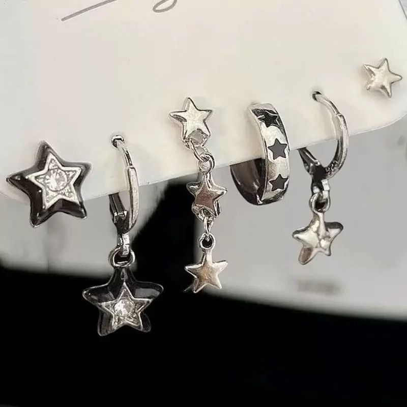 6PCS Set Goth Red Crystal Star Heart Black Pentagram Pendant Earring For Women Vintage Aesthetic Trendy Y2K Jewelry Accessories 250812