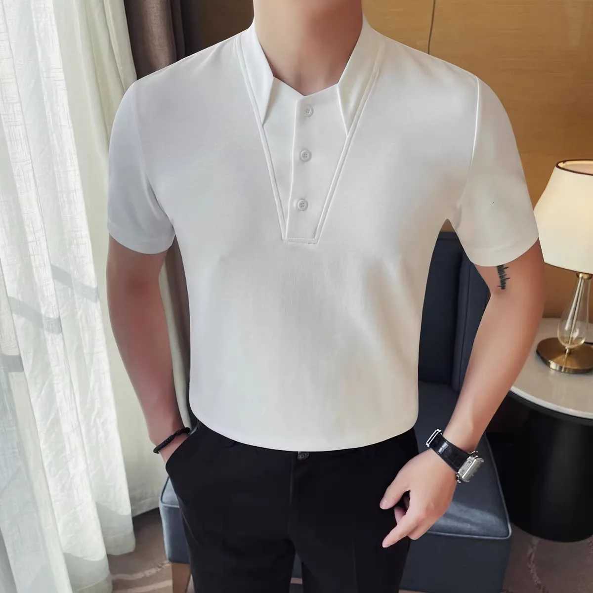Summer Mens Polo Shirts Korean Style Fashion Turn Down Collar Solid Color Short Sleeve Slim Fit Polos Men Fake Two Pieces Tees XJ250804