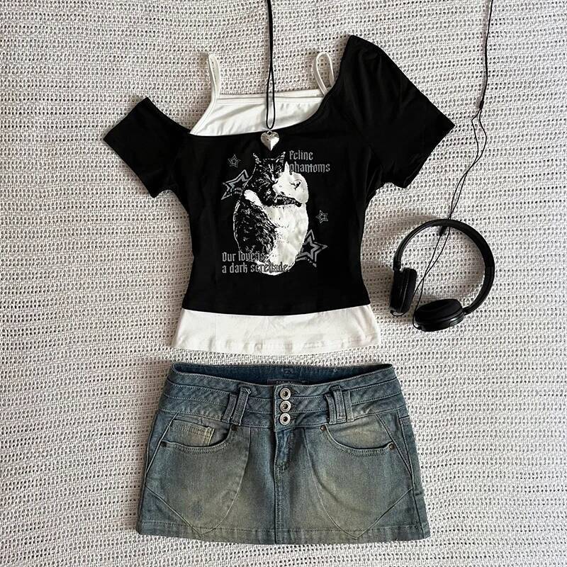 2025 Aesthetic Gothic Bat Underwear YK Style Second Time T-shirt Short Sleeve Vest Harajuku Street Wear Pants Women's Clothing Shirt Designer Top