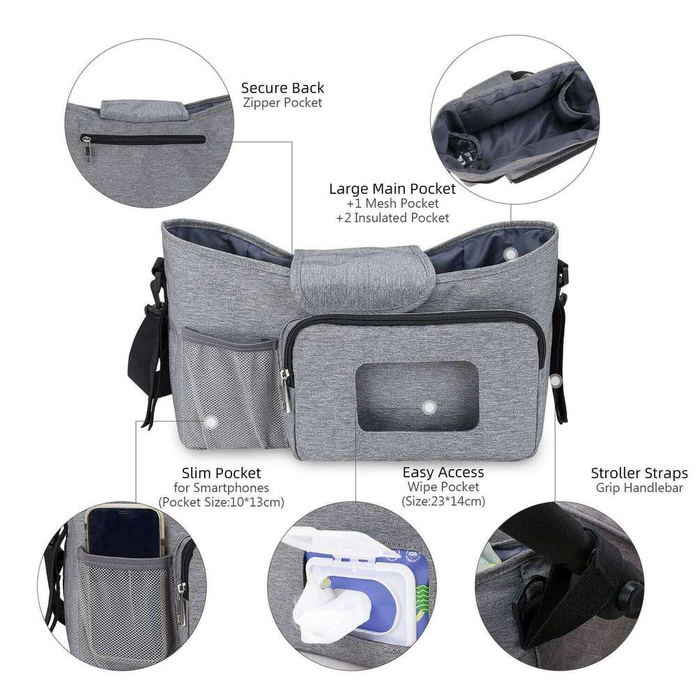aby Small Diaper Bag Organizer with Insulated Cup Holder& Shoulder Strap Mini Stroller Storage Pouch for Outdoor