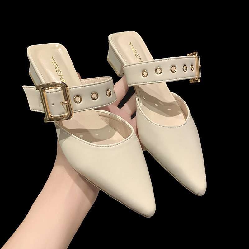 Women's Half-Pack Outdoor Pointed Toe Studded Designer shoe Chunky Heel Mules Closed-Toe Sandals Simple Fashion Single Shoes Closed-
