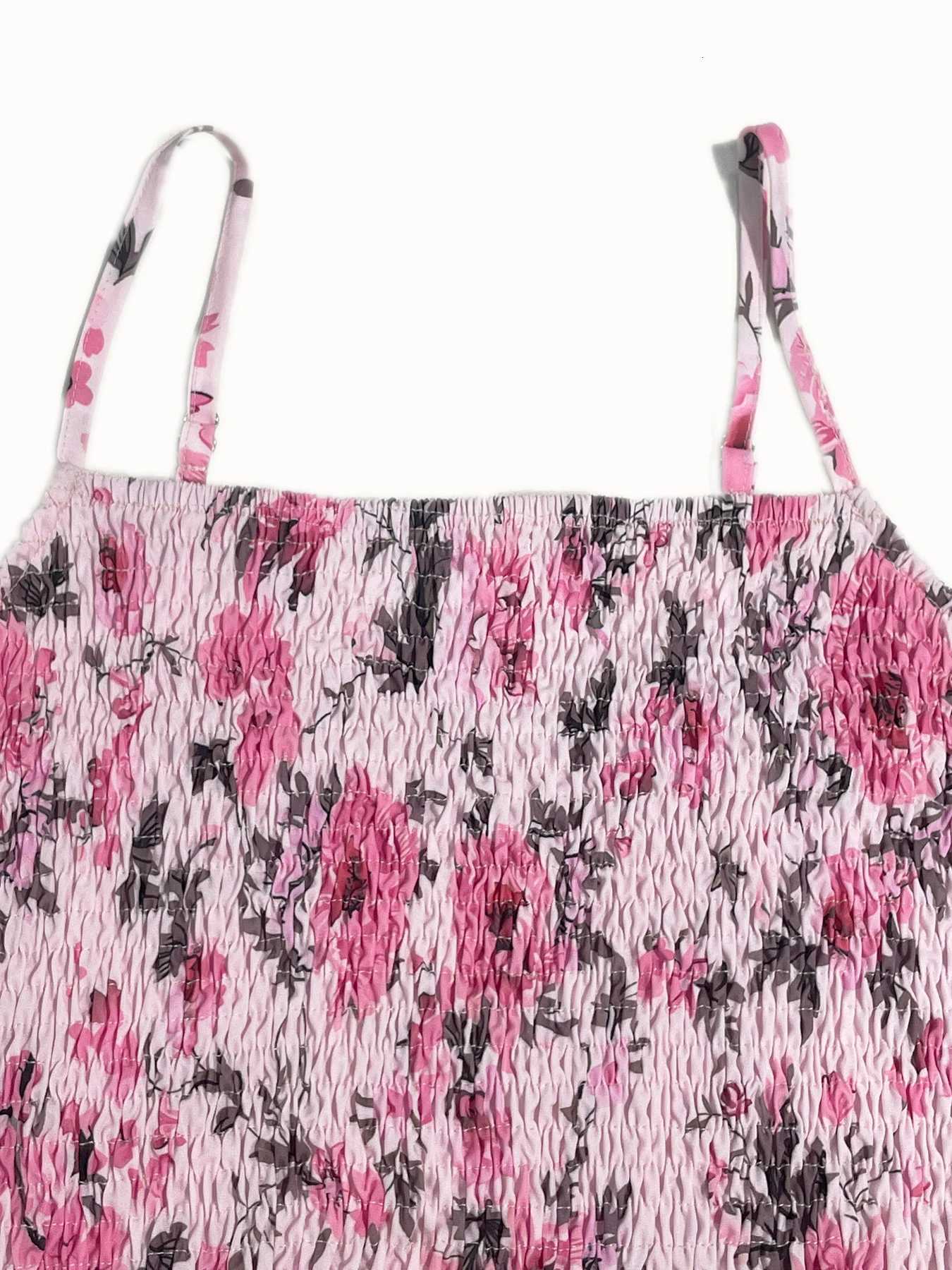 Womens Floral Print Shirred Spaghetti Strap Dress - Summer Boho Ruffle Sundress Casual Beach Maxi Dress XJ250814