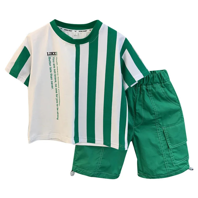 UNITIM Summer Childrens Boys 2PCS Clothing Set Casual Striped Short Sleeve Top Solid Shorts Toddler Baby Boys Outfits 250813