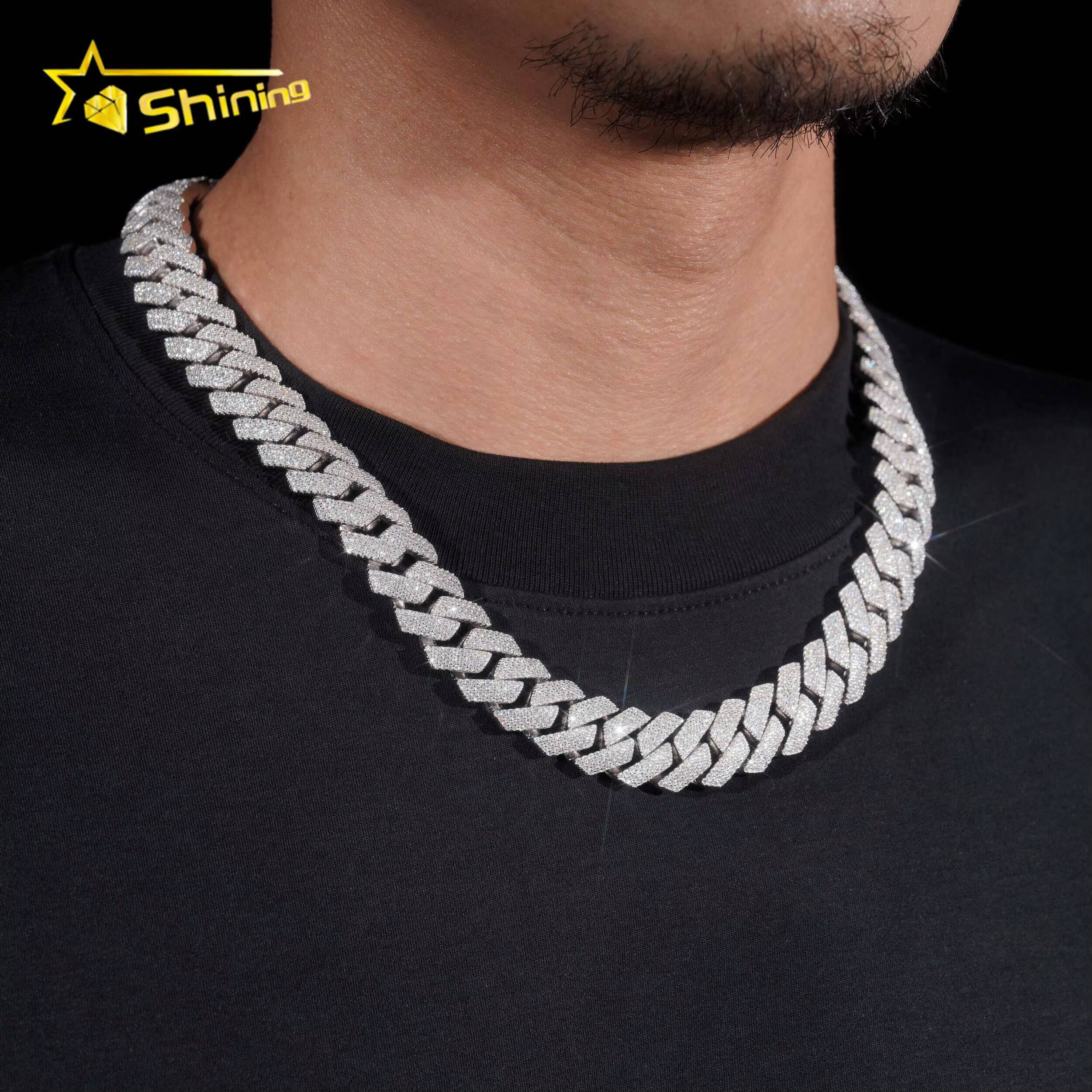 Fast Shipping 15mm 4Rows Shining Vvs Moissnaite Pass Diamond Test Iced Out Hip Hop Sterling Silver 925 Gold Plated Cuban Chain