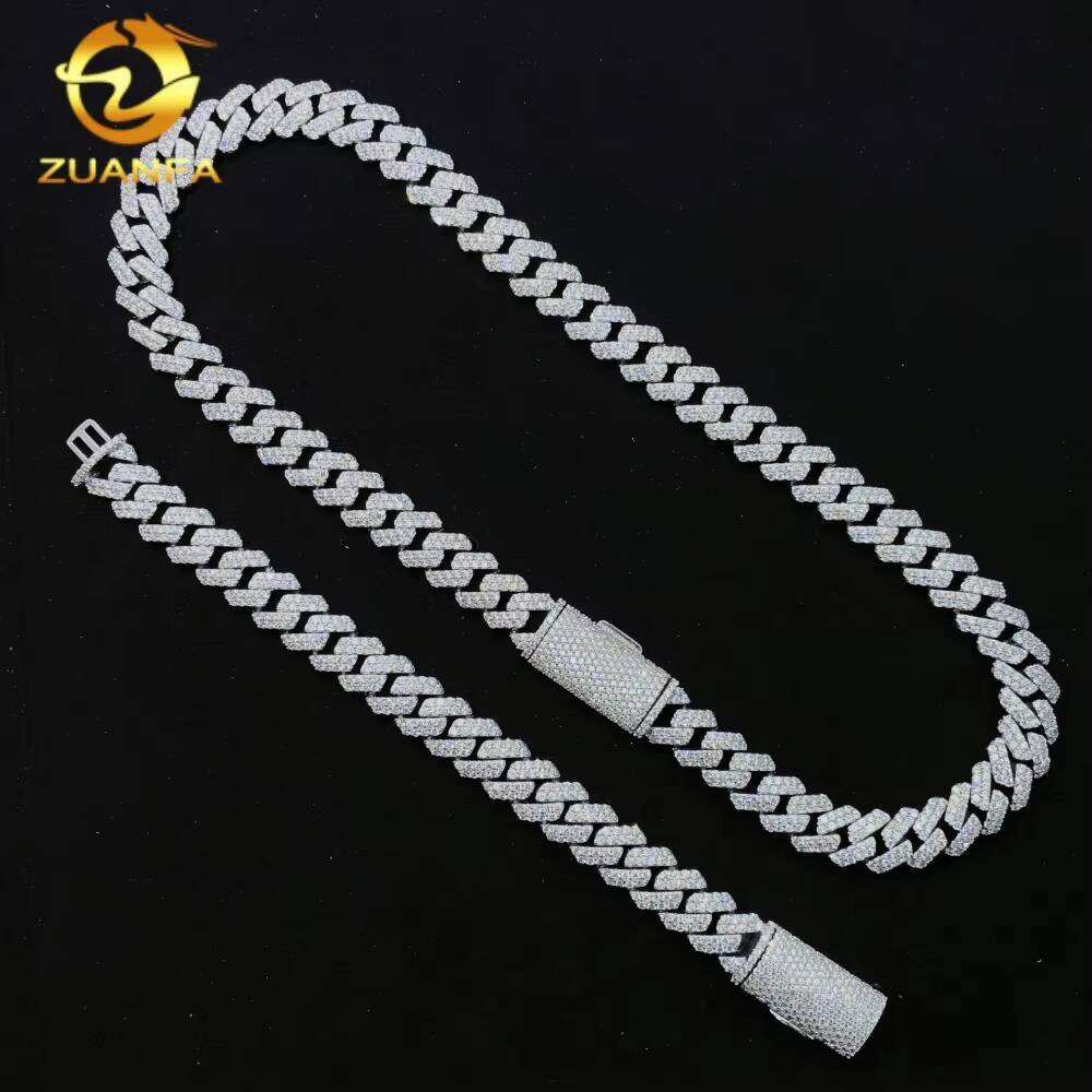 Promotion Selling Fashion Hip Hop Jewelry 925 Sterling Silver 12mm 2 Rows Iced Out VVS Moissanite Diamond Miami Cuban Link Chain
