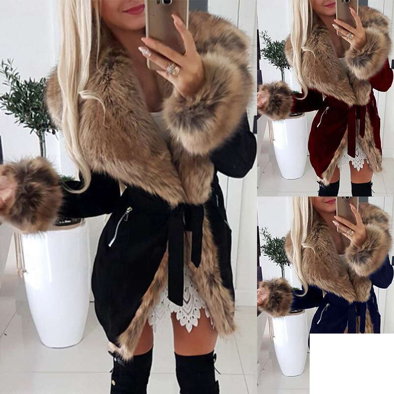 Women Autumn Winter Slim Faux Fur Collar Fashion Cotton Jacket Parka Long Sleeve Warm Coat