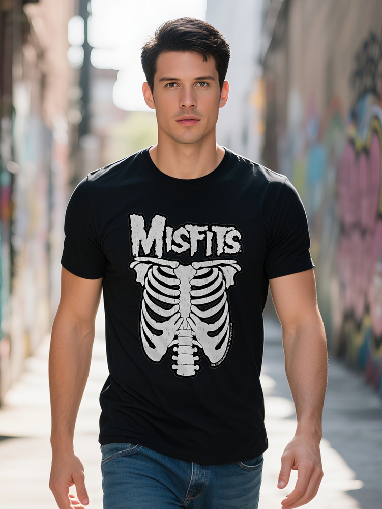 Casual Graphic T-Shirt Black with White Misfits Skeleton Ribcage Print Round Neck Short Sleeve Summer Tee Regular Podking