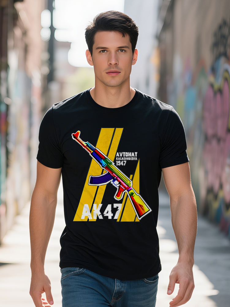 Men S Casual AK Assault Rifle Graphic T-Shirt Black with Colorful Striped Background White Crew Neck Regular Fit