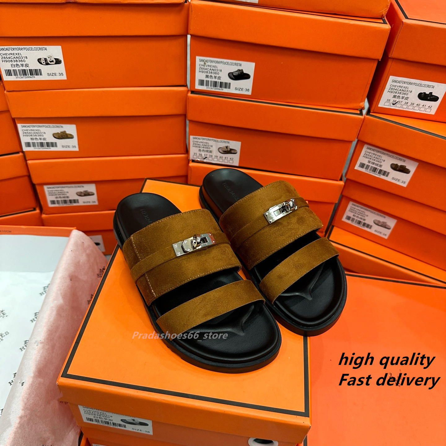 2025 New Luxury designer Women's Slippers Round Toe Thick Bottom Flat Heel Slip-On Velcro horse Sandals Simple Velvet Casual Kelly Ladies Shoes h Slide