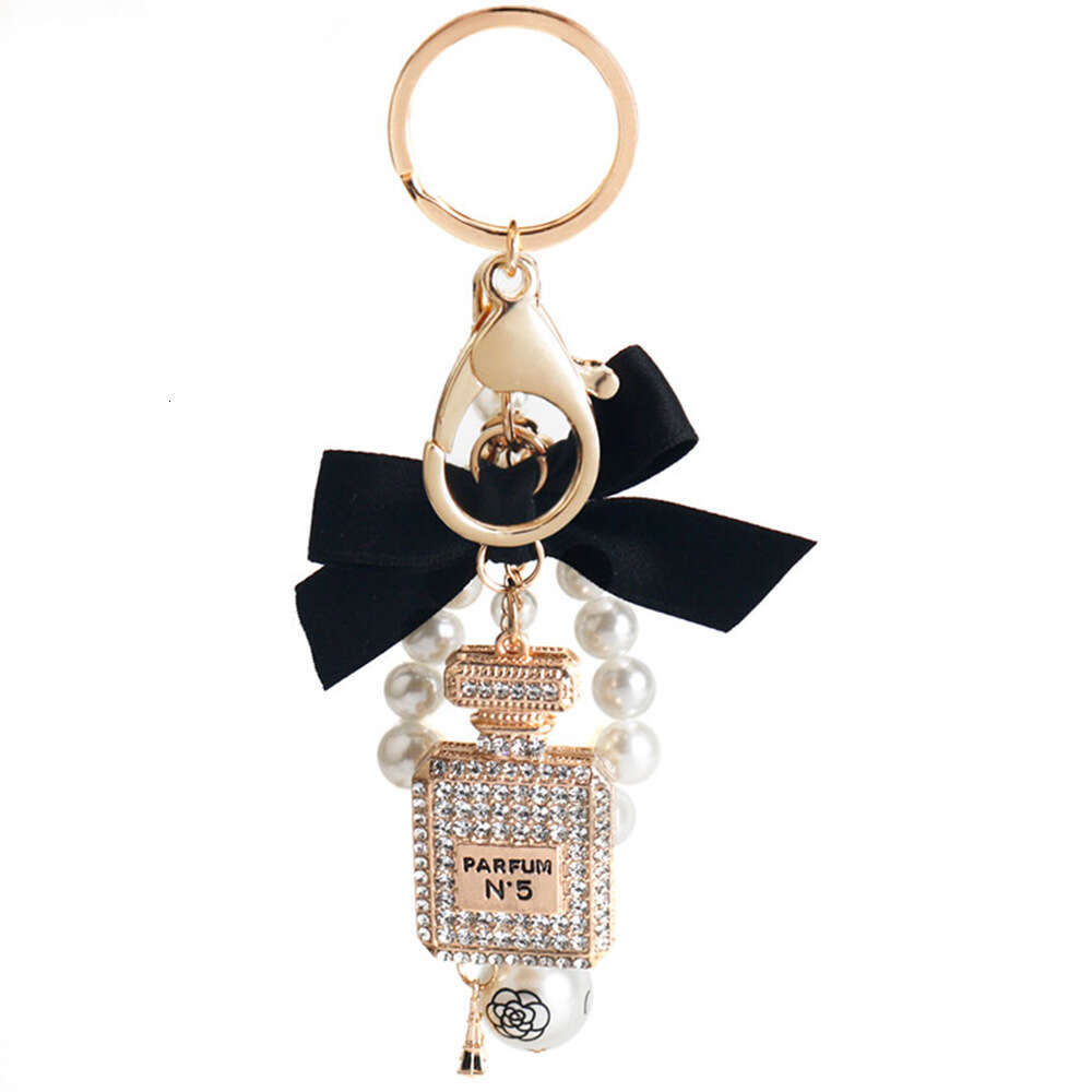Korean Version Creative Full Diamond Inlaid Perfume Bottle Keychain for Women, Bowknot Pearl Bag Pendant Small Gift