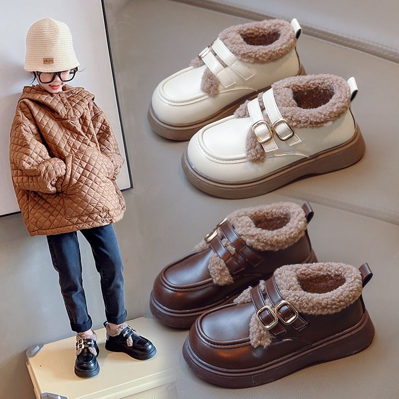 British Style Children Leather Shoes for Girls Winter 2025 Lamb Wool Warm Boys Uniform School Kids Cotton Shoes Kidsnest Plush PU Sizes US5C-US3Y
