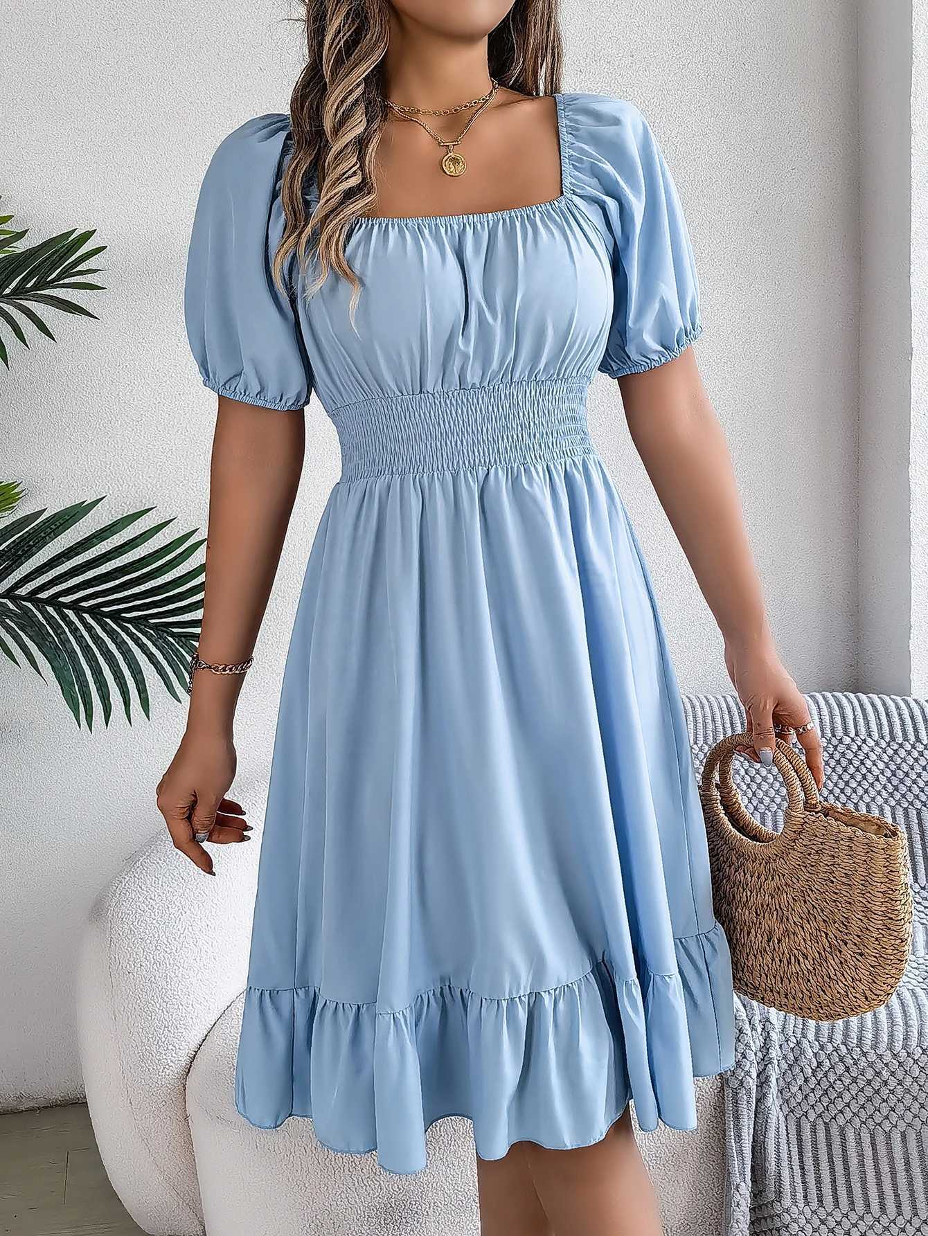 Spring and Summer Ele High Waisted Dress Square Neck Short Sleeve Ruffled Edge Long Dresses for Women XJ250814