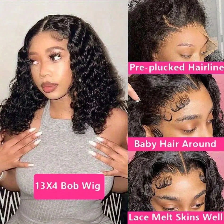 Curly Lace Front Wig Human Hair For Black Women 13x4 HD 360 Full Lace Wig Short Bob Lace Frontal Wigs Pre Plucked Glueless Wig Wear And Go Synthetic