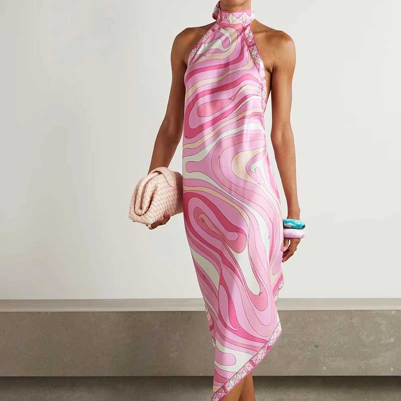 Sexy Backless Irregular Printed Dress Summer Halter Sleeveless Party Dresses Vintage Satin Slim Vacation One-piece Gowns Dress XJ250814