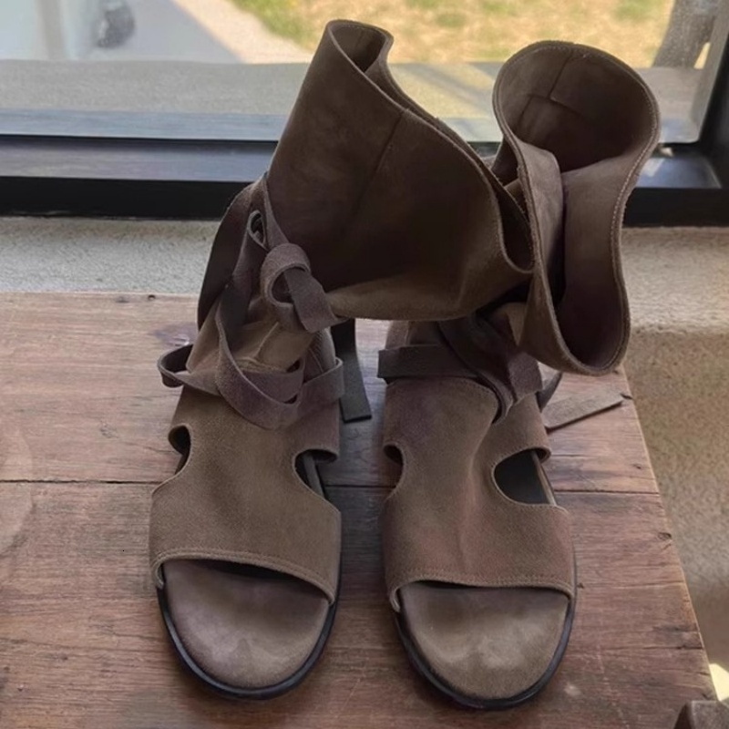 Designer Cowboy Boots Fashionable Women High Top Flats Women Summer Lace Up Open Toe Sandals Western Boots 35-40 XY74