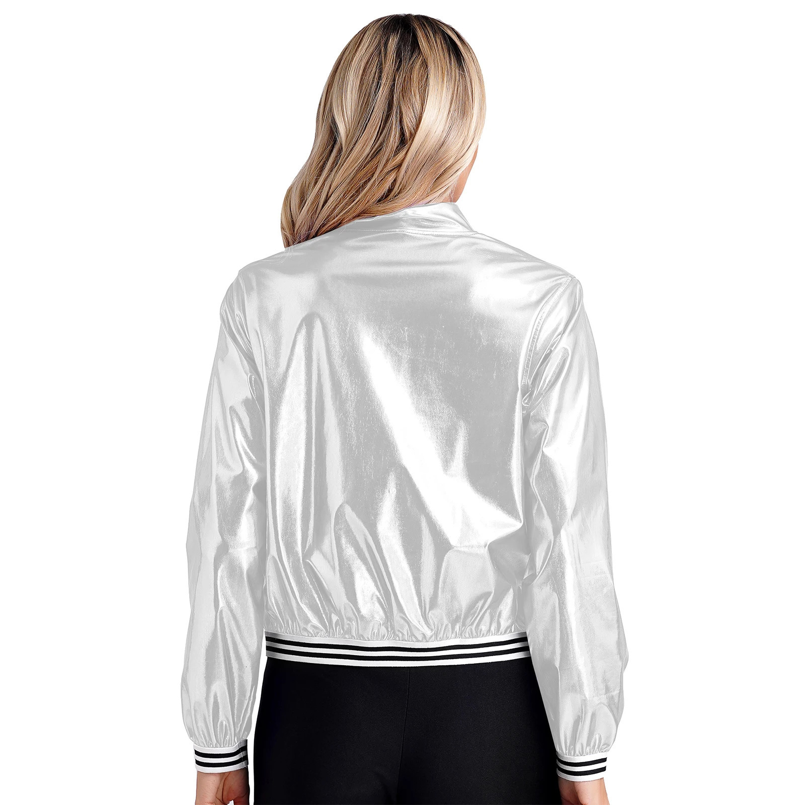 Womens Holographic Costumes Metallic Shiny Silver Bomber Jacket Long Sleeve Front Zipper Coat Carnival Rave Festival Outerwear 250813