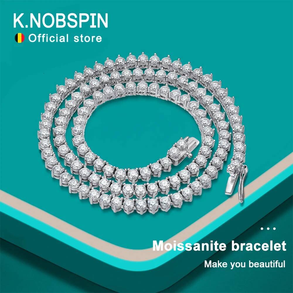 KNOBSPIN 3 Claw D VVS1 Moissanite Tennis Necklace 925 Sterling Silver Plated 18k White Gold with GRA Fine Necklace for Women Man